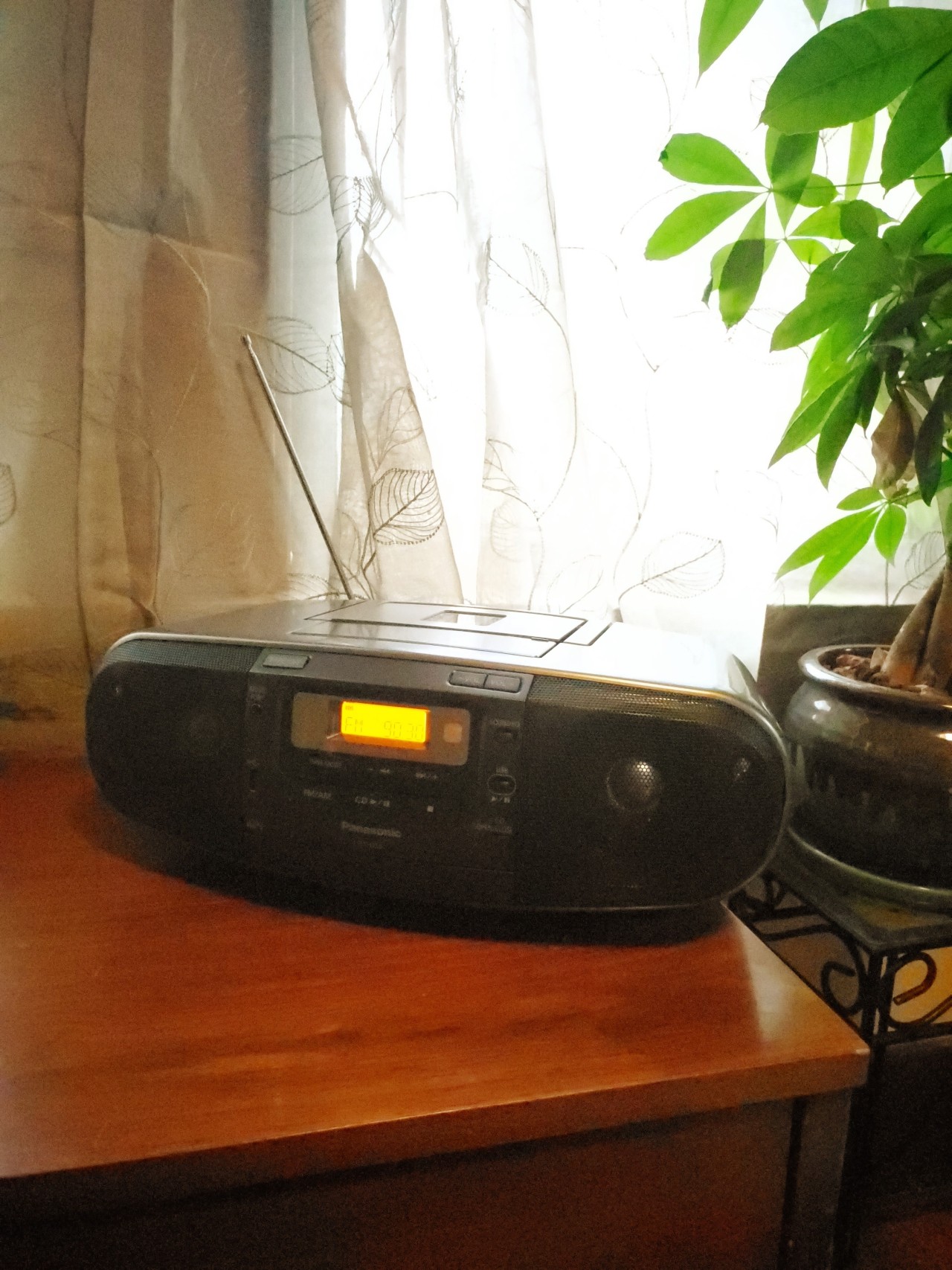 a boombox with a glowing orange LCD sitting on a short wooden dresser and illuminated by sunlight. next to the boombox is a leafy ornamental money tree plant with braided stalks.